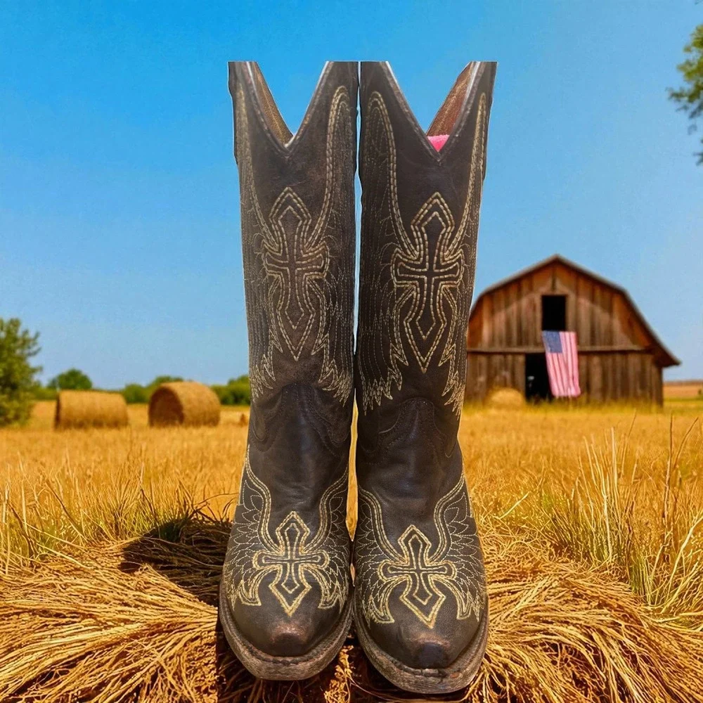 Corral 🔥TEEN'S CROSS 🤑&WINGS EMBROIDERY ROUND  TOE COWBOY BOOT‎ 2.5